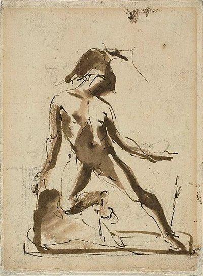 Figura mitológica: Aquiles con piel de león (anverso); Bocetos de figuras (reverso) de Unknown artist