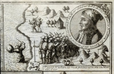 NUNEZ DE BALBOA, Vasco (1475-1517). Descubridor y conquistador inglés. España. Colonización española (1513). Vasco Núñez tomando posesión del Mar del Sur. Imagen de 1728. Grabado. de Unknown artist