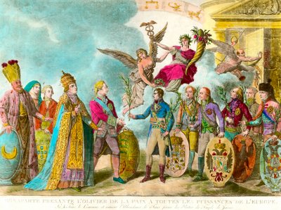 Napoleón Bonaparte (1769-1821) presenta el olivo de la paz a todos los poderes de Europa (Grabado 1801) de Unknown artist