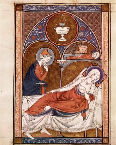 Natividad: la Virgen María representada acostada en una cama (página del 