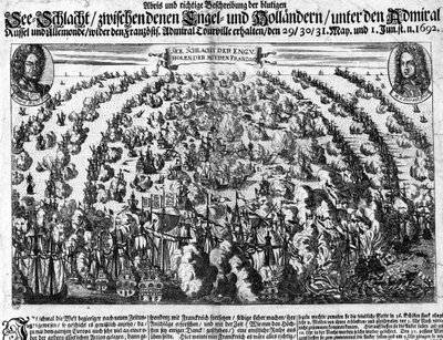 Batalla naval de La Hougue (1692) que enfrentó al ejército de Luis XIV contra Holanda. Grabado. Siglo XVIII. de Unknown artist
