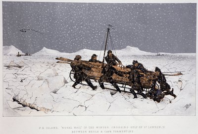 Cerca del río, Golfo de San Lorenzo: bote en un trineo, cerca de Brule y Cabo Tormentin - en "Sketches of Canadian Sports and Pastimes" de Lieut. Henry Buckton Laurence de Unknown artist