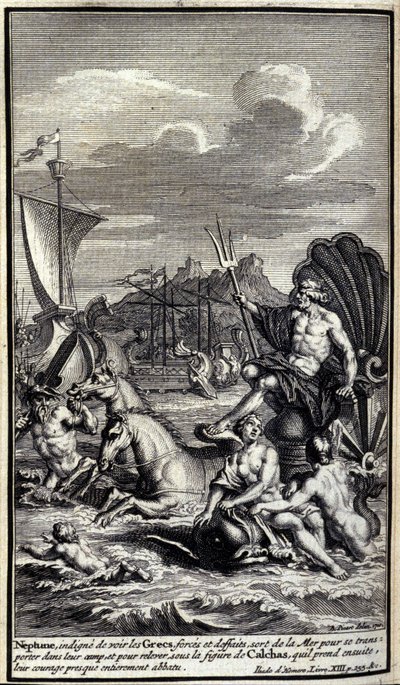 Neptuno, indignado al ver las fuerzas y hazañas de los griegos, deja el mar para transportarse a su campamento y levantar bajo la figura de Calcas, que luego toma, su coraje casi completamente destruido. Ilustración del libro XIII de la Ilíada de Homero, e de Unknown artist