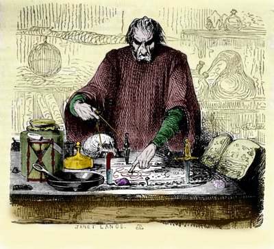 Nicolas Flamel (1330 - 1418) en su laboratorio de Unknown artist