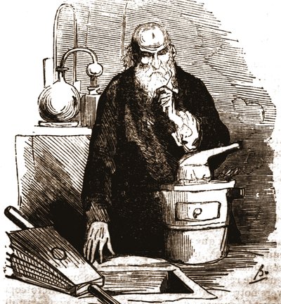 Nicolas Flamel (1330 - 1418) en su laboratorio. de Unknown artist