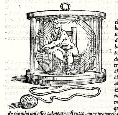 Segundo traje de Nicoli Fontana llamado Tartaglia (1499 - 1557). Proporciona una esfera de cristal en la que se cierra el buzo. Grabado del siglo XVI de Unknown artist
