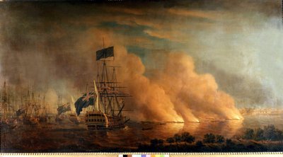 Ataque nocturno de los brulots franceses contra la flota inglesa en el puerto de Quebec: tomada por los ingleses el 28/06/1759. Pintura. de Unknown artist