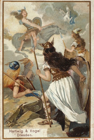 Mitología nórdica: Las Valquirias (vírgenes guerreras) en Valhalla y la caída de los guerreros en batalla. Cromolitografía del siglo XIX. de Unknown artist
