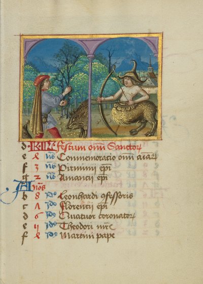Página del calendario de noviembre; Recoger bellotas para los cerdos; Sagitario de Unknown artist