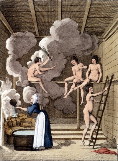 Personajes desnudos en una sauna finlandesa. Grabado de 1811 incluye un libro sobre el viaje de Unknown artist