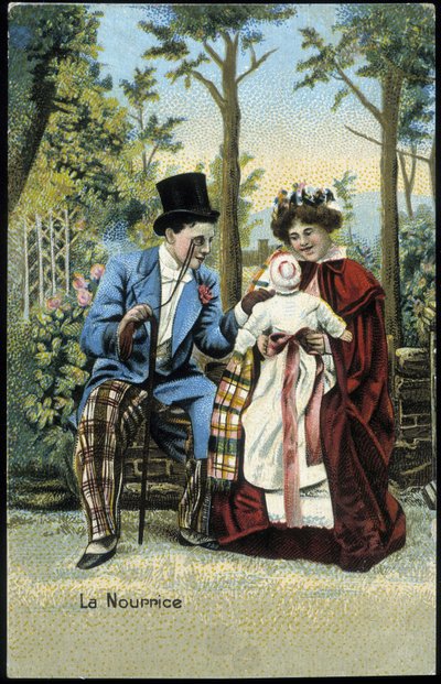 Niñera con un bebé conversando con un hombre en un parque - cromo, finales del siglo XIX de Unknown artist