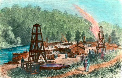 Pozos de petróleo en Tarr Farm en Pensilvania, EE.UU. Grabado del siglo XIX. Colección privada de Unknown artist