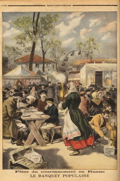 Con motivo de la coronación del Zar Nicolás II, se ofrece un banquete popular a 500,000 rusos en el campo de maniobras de Khodinskoie en Moscú, precedido por representaciones teatrales. Grabado en "Le petit journal" 17/05/1896. Colección Selva de Unknown artist