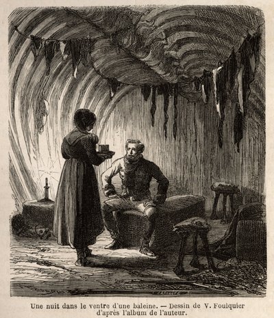 Una noche en el vientre de una ballena, el autor es recibido durante su viaje en un boer, hogar de pescadores, cuyo marco y muebles están hechos del esqueleto del enorme cetáceo y de las pieles de focas, caballos y perros. Grabado para ilustrar el viaje de Unknown artist