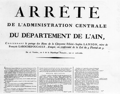 Orden de la administración central del departamento de Ain - Archivos Familiares Rochefoucauld. de Unknown artist