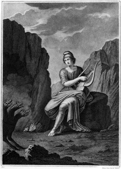 Orfeo en la Entrada del Inframundo se encuentra con Cerbero. Litografía. Siglo XIX de Unknown artist