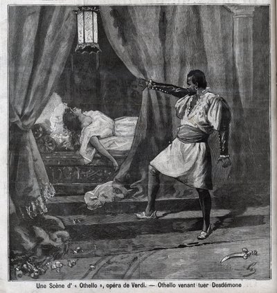 Otelo acaba de matar a Desdémona en su cama. Escena de la ópera “Otelo” de Giuseppe Verdi (1813-1901). Grabado en “Le Parisien” de Unknown artist