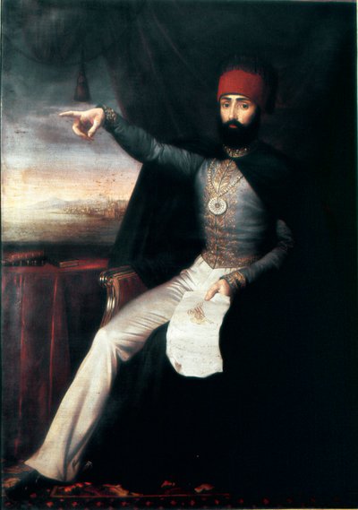 Imperio Otomano: Retrato del Sultán Mahmud II (1784-1839). Representativo señalando con el dedo, tal vez para indicar la orden de masacrar a los jenízaros. Pintura anónima al óleo. 1808-1839. Estambul, Museo Topkapi Sarayi, Turquía de Unknown artist