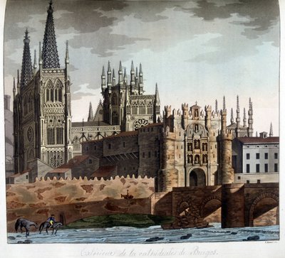 Exterior de la Catedral Gótica de Santa María en Burgos, España. Litografía del siglo XIX de Unknown artist