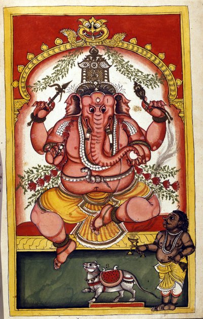 Página que representa a la deidad hindú Ganesha, patrón de comerciantes, viajeros y ladrones. Página tomada del manuscrito 