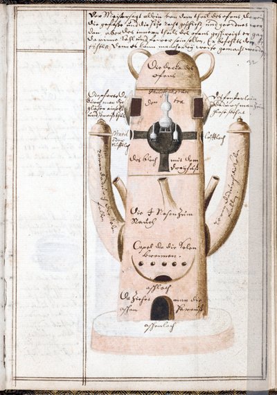Página de un cuaderno de alquimia, una máquina alquímica - Obra de Johann Grasshoff (Grasshof o Grasse) (1560-1623), acuarela sobre pergamino (14,6x10 cm), hacia 1620 - (Cuaderno de alquimia, Acuarela sobre pergamino de J .Grasshoff, c .1620) - Universidad de Unknown artist