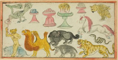 Página de un manuscrito con imágenes de animales auspiciosos y ofrendas de Unknown artist