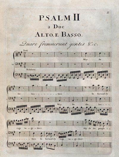 Página del segundo salmo en la partitura musical de "Los salmos" de Benedetto Marcello de Unknown artist