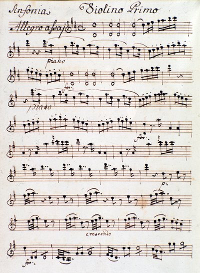 Página de la partitura para el primer violín de la Sinfonía n. 4 en re, de Mozart (1765) de Unknown artist