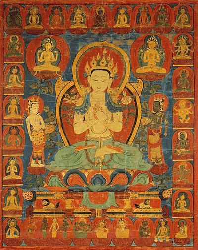 Estandarte pintado (Thangka) del Bodhisattva Maitreya rodeado de su séquito de Unknown artist