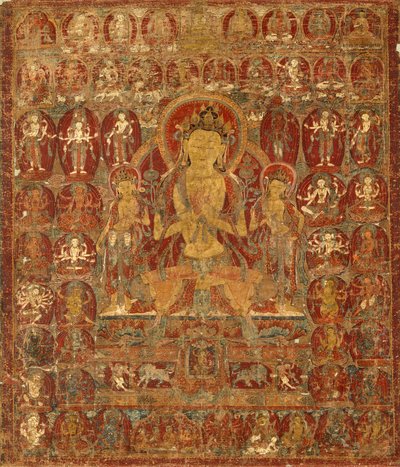 Estandarte pintado (Thangka) del Bodhisattva Manjushri con Vajrapani (derecha) y Padmapani (izquierda) de Unknown artist