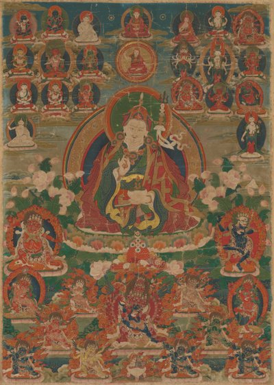 Estandarte pintado (Thangka) del sabio Gurú Padmasambhava sentado sosteniendo un rayo (Vajra) y la copa del cráneo (Kapala) de Unknown artist