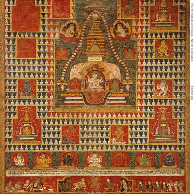 Estandarte pintado (paubha) de la diosa Ushnishavijaya dentro de un túmulo funerario (chaitya) y rodeado de chaityas de Unknown artist