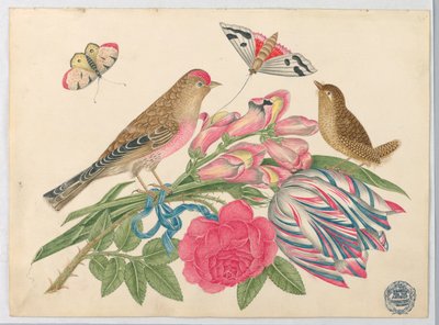 Pareja de Pájaros Marrones en Ramo con Tulipán, Rosa y Dragones, con Mariposas de Unknown artist