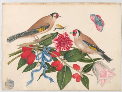 Pareja de pájaros marrones con flores, bayas y una mariposa de Unknown artist