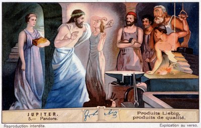 Pandora, la primera mujer, creada por orden de Júpiter - cromolitografía de Liebig de Unknown artist