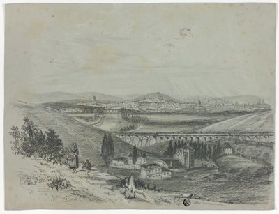 Vista panorámica de un puente ferroviario y de la ciudad de Unknown artist