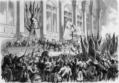París, La Comuna: Proclamación de los resultados del referéndum del 26 de marzo de 1871 en la Plaza del Ayuntamiento. de Unknown artist