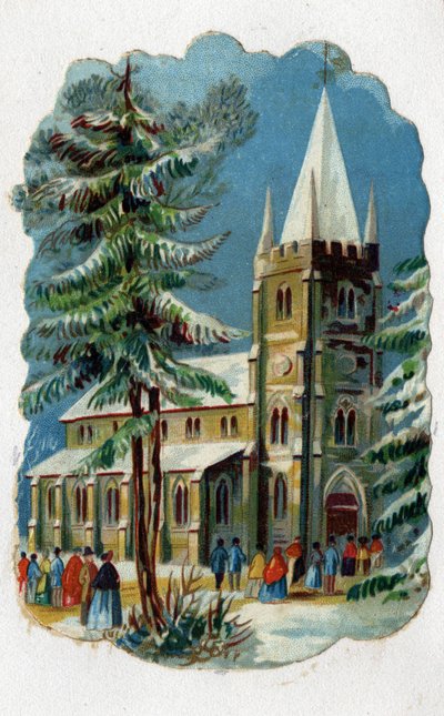 Feligreses yendo a una iglesia para la misa dominical. Cromolitografía alrededor de 1890. de Unknown artist