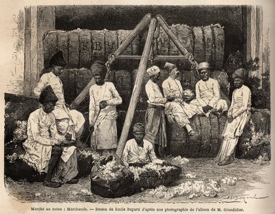 Comerciantes parsis en el mercado de algodón de Bombay. Grabado para ilustrar el viaje en las provincias meridionales de la India, por Alfred Grandidier, en 1862-1864, publicado en Le tour du monde, 1869, editado por Edouard Charton, edición Hachette, Parí de Unknown artist