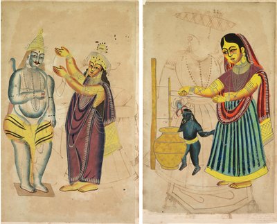 Parvati Placing a Wedding Garland on Shiva (recto); Yasoda Churning Butter (verso) de Unknown artist