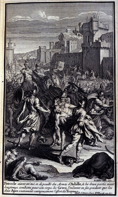 Patroclo, habiendo sido asesinado y despojado de las armas de Aquiles, y las dos partes habiendo luchado durante mucho tiempo por su cuerpo, los griegos finalmente lo llevaron mientras los dos Ayax sostenían valientemente el esfuerzo de los troyanos; Ilust de Unknown artist