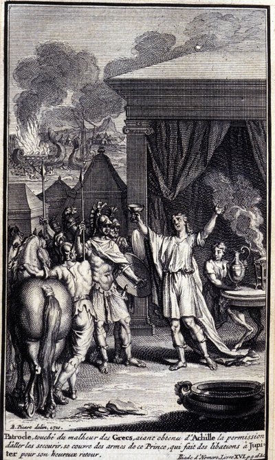 Patroclo, tocado por la desgracia de los griegos, habiendo obtenido permiso de Aquiles para ir a rescatarlos, se cubre con las armas de este príncipe, quien hace libaciones a Júpiter por su feliz regreso. Ilustración del libro XVI de la Ilíada de Homero. de Unknown artist
