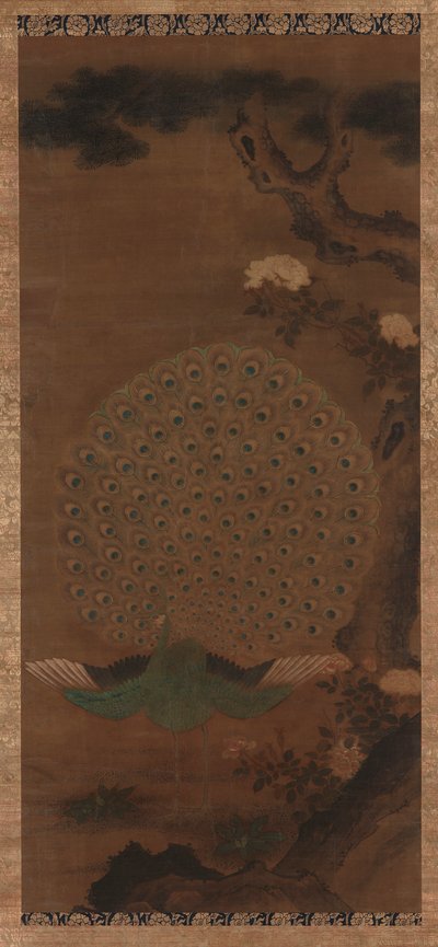 Pavo real, peonías y pino de Unknown artist