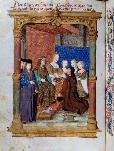 Pedro Marcuello presentando su libro al rey Felipe I de Habsburgo y la reina Juana I de Castilla de Unknown artist