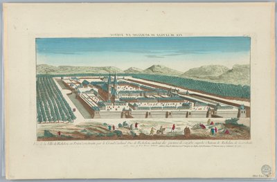 Vista de la ciudad de Richelieu en Poitou construida por el Gran Cardenal Duque de Richelieu, al final de los parterres de Sougid y el magnífico castillo de Richelieu de la Conduite, No. 147 de Unknown artist