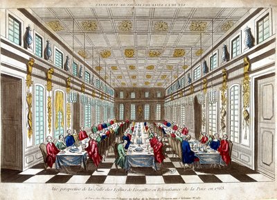 Vista en perspectiva de la Salle des Festins de Versalles en celebración de la paz en 1763 entre Gran Bretaña, Francia y España de Unknown artist