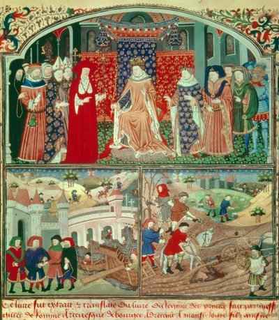 Felipe el Hermoso con escena de arado y escena de mercader. Miniatura en Libro del régimen de los príncipes de Gilles de Roma de Unknown artist