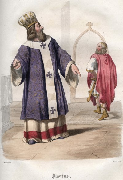 Fotios I (Focio, Fotios) (810-893), Patriarca de Constantinopla, expulsando al Emperador Bizantino Basilio I el Macedonio (813-886) de la iglesia después del asesinato del Emperador Miguel III en 867. de Unknown artist