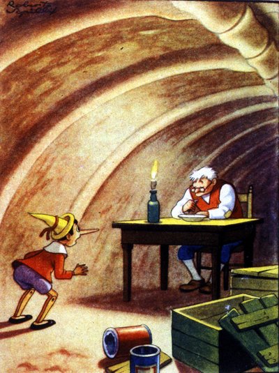 Pinocho encuentra a su padre en la cueva del vientre de un enorme pez. Ilustración del cuento de Carlo Collodi. de Unknown artist