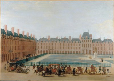 Place Royale, hacia 1660; paso del carruaje del Rey. Plaza de los Vosgos actual, distrito 4, hacia 1655 -1665 (óleo sobre lienzo) de Unknown artist